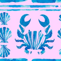 Obraz premium Watercolor seamless pattern with blue sea shell and crab. Seafood watercolor background. Sea shell illustration