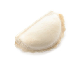 Tasty raw dumpling on white background, top view