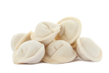Heap of raw meat dumplings on white background