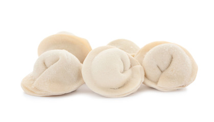 Heap of raw meat dumplings on white background