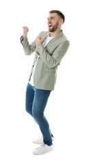 Full length portrait of emotional man on white background