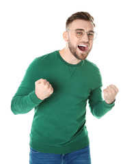 Portrait of emotional man on white background
