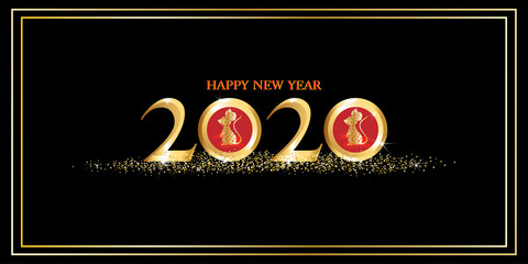 Vector Text 2020 and Rat Zodiac in golden luxury template, Gold festive numbers design and glitter texture on black background, 2020 in Gold shining and sparkling with glitter confetti,