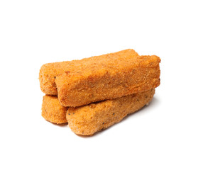 Pile of tasty cheese sticks isolated on white