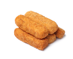 Pile of tasty cheese sticks isolated on white