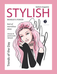 Head of a sweet lady with pink long hair, rich earrings in fashion black jacket magazine cover