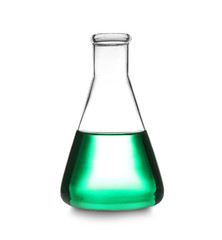 Laboratory glassware with color sample on white background. Solution chemistry