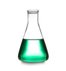 Laboratory glassware with color sample on white background. Solution chemistry
