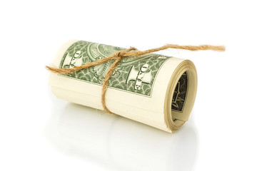 Roll of One Dollar bills on white isolate background. Business concept background.