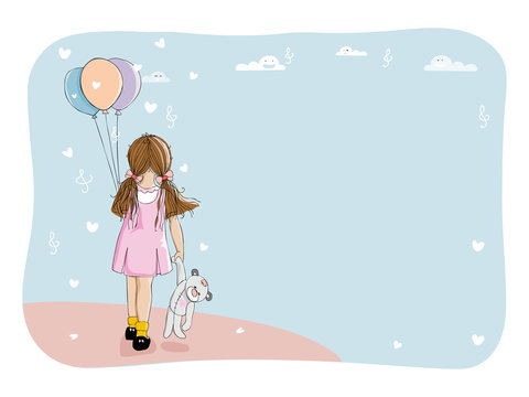 Cute cartoon happy girl holding birthday balloons and Teddy bear, Vector illustration Rear view of toddler girl gesturing with colourful balloons with copy space for text or messages