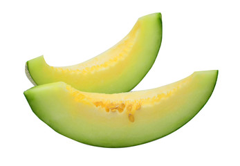 Fresh green Melon slice with seed prepare to eat white background