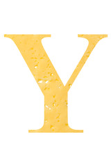 The letter "Y" of cheese with holes on a white isolated background, the symbol of proper nutrition and the alphabet.