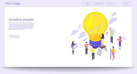 Teamwork webpage vector template with isometric illustration