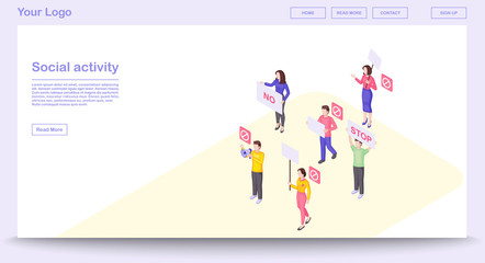 Social activity webpage vector template with isometric illustration