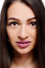 Obraz premium portrait of nice lovely ,sexy,cute european girl in pink dress on white background .