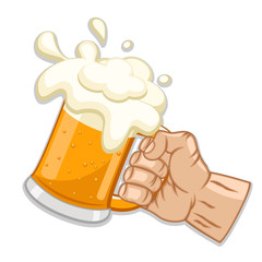 Glass of beer in hand on a white background.