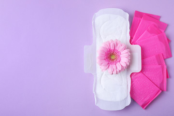 Menstrual pads and flower on color background, flat lay with space for text. Gynecological care