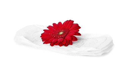 Menstrual pads and flower on white background. Gynecological care © New Africa