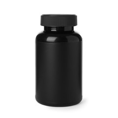 Black jar with protein powder on white background