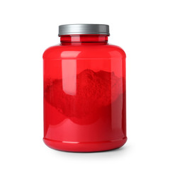 Color jar with protein powder on white background