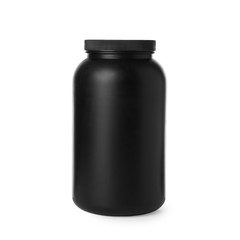 Black jar with protein powder on white background