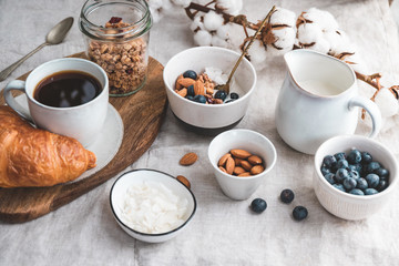 Breakfast table with coffee, croissant, granola, nuts, berries and milk. Flat lay, healthy eating concept.