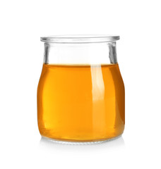 Jar with tasty jelly on white background