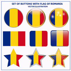Bright set with buttons with flag of Romania. Happy Romania day buttons. Bright illustration with white background.