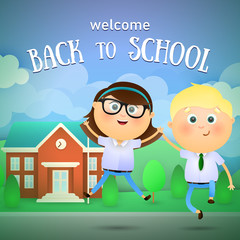 Obraz na płótnie Canvas Welcome back to school lettering, cheerful boy and girl. Offer or sale advertising design. Typed text, calligraphy. For leaflets, brochures, invitations, posters or banners.