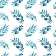 Seamless watercolor pattern with large blue leaves on a white background. Illustration for fabrics, posters, postcards, packaging paper, clothing