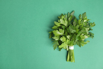 Bunch of fresh green parsley on color background, view from above. Space for text