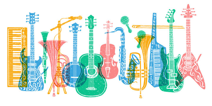 Musical instruments, guitar, fiddle, violin, clarinet, banjo, trombone, trumpet, saxophone, sax, music lover slogan graphic for t shirt design posters prints. Hand drawn vector illustration.