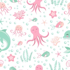 Behang Leuk naadloos patroon met zeedieren. Octopus, dolfijn, kwallen, schelp, vis, zeester. Onderzeese wereld © Vika92