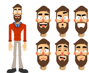 Young man character for your scenes. Character creation set with various  face emotions. Separate Parts of body. Cartoon style, flat vector illustration