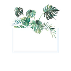 Watercolor tropical flora frame. Ready to use card design with exotic leaves and branches. Botanical background