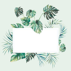 Watercolor jungle floral frame. Ready to use card design with exotic leaves and branches. Botanical...