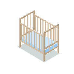 Wooden Baby Crib Simple Isometric Design Vector Illustration.