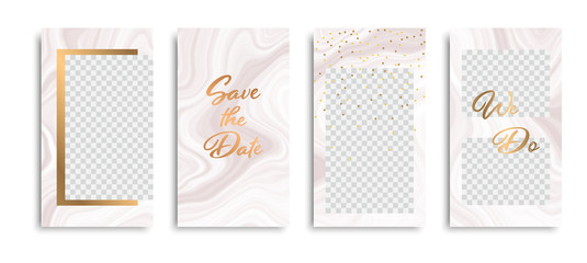 Editable instagram story template set of marble texture backgrounds with gold frames. Vector illustraton pack