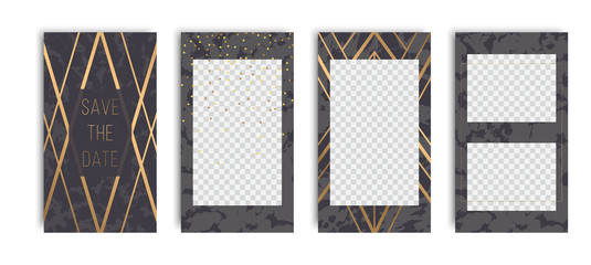 Editable instagram story template set of marble texture backgrounds with gold frames. Vector illustraton pack - obrazy, fototapety, plakaty
