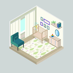 Children Furnisher Room Simple Isometric Design. Vector Illustration with Wooden Baby Cot.