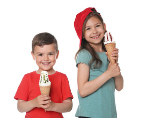 Cute little children with delicious ice creams on white background