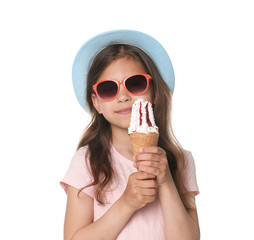 Adorable little girl with delicious ice cream on white background