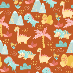 Obraz premium seamless pattern. drawing hands of cute dinosaurs, plants, flowers, nature. Prehistoric period. Vector illustration. Cute design for boys and girls