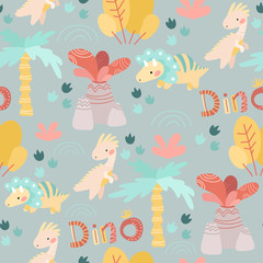 seamless pattern. drawing hands of cute dinosaurs, plants, flowers, nature. Prehistoric period. Vector illustration. For kids fabric, textile, wallpaper