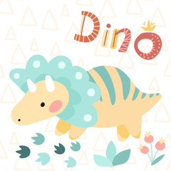 Children's card. Vector illustrations. Cute kids cartoon dinosaur. Prehistoric period. simple scandinavian child design