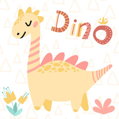 Children's card. Vector illustrations. Cute kids cartoon dinosaur. Prehistoric period.