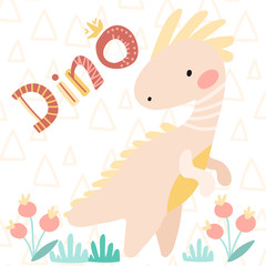 Children's card. Vector illustrations. Cute kids cartoon dinosaur. Prehistoric period. simple scandinavian child design