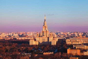 Fototapeta na wymiar Moscow state university at sunrise. Russia. Top view.