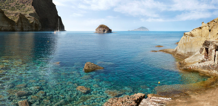 Salina Island, Italy, panoramic view of Pollara's beach.