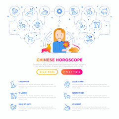Chinese horoscope web page template. Astrologer with thin line animal icons around: rooster, ox, mouse, dragon, tiger, rabbit, pig, horse, dog, monkey, goat. Modern vector illustration for calendar.